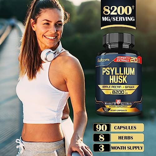 Woman exercising with psyllium husk supplement advertisement.