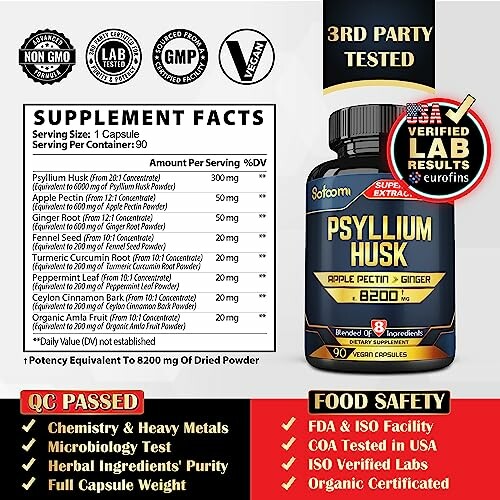 Psyllium Husk supplement label with nutritional information and certifications.