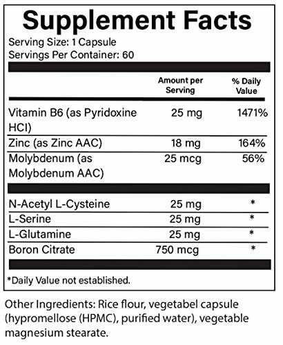 Supplement facts label with vitamin B6, zinc, and other ingredients.